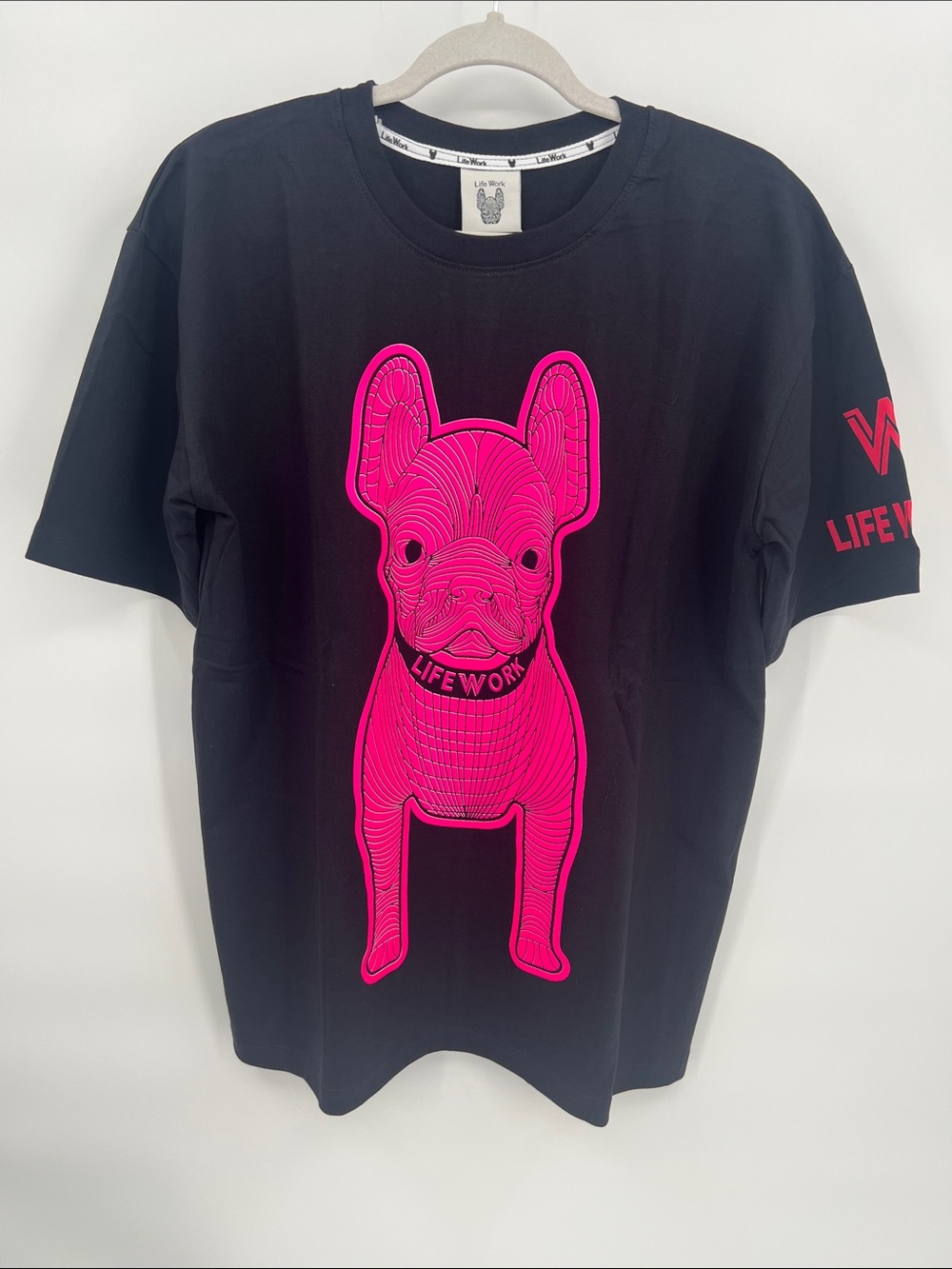 Life Work Hideaway Black T-Shirt with Hot Pink French Bulldog Graphic